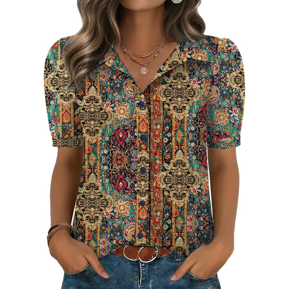 imageZeagoo Women Button Down Shirts Puff Short Sleeve Blouses Chiffon Tops Business Casual Outfits Summer ClothesBohomz721