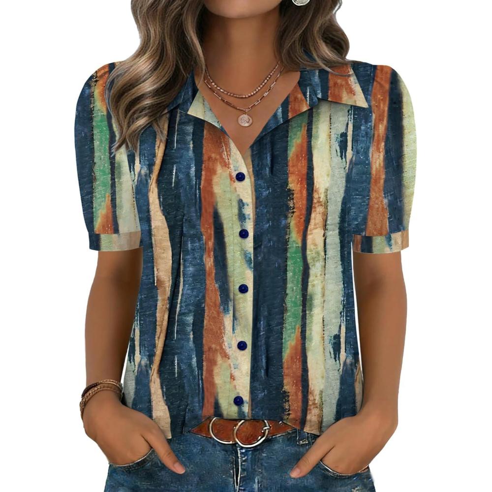 imageZeagoo Women Button Down Shirts Puff Short Sleeve Blouses Chiffon Tops Business Casual Outfits Summer ClothesMulticolorcx289