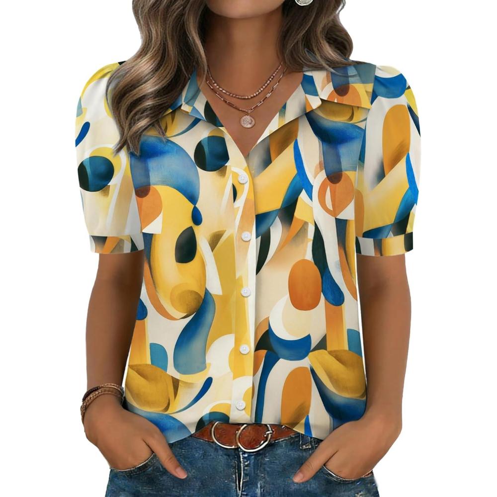 imageZeagoo Women Button Down Shirts Puff Short Sleeve Blouses Chiffon Tops Business Casual Outfits Summer ClothesMulticolorjh579