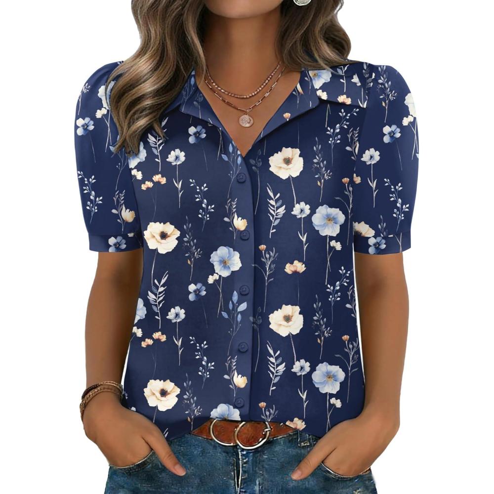 imageZeagoo Women Button Down Shirts Puff Short Sleeve Blouses Chiffon Tops Business Casual Outfits Summer ClothesNavy Flowersbf318