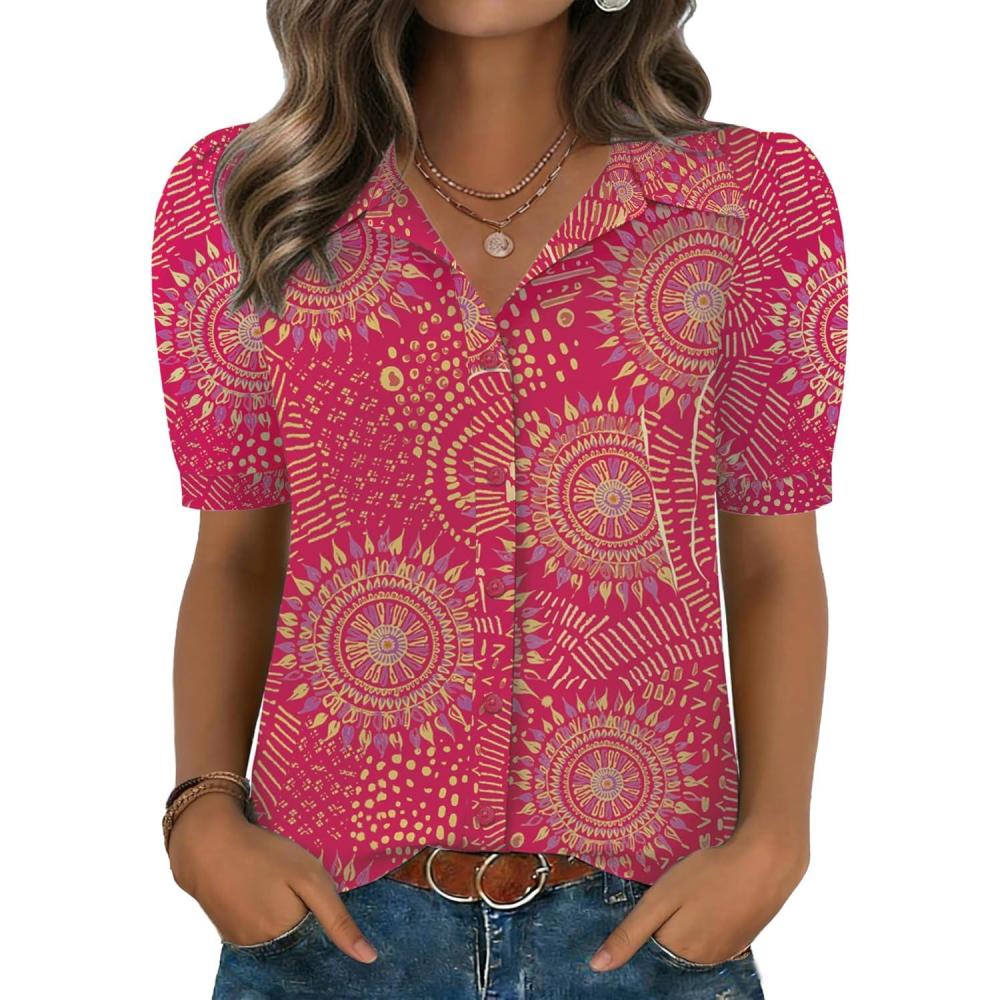 imageZeagoo Women Button Down Shirts Puff Short Sleeve Blouses Chiffon Tops Business Casual Outfits Summer ClothesPinkcx320