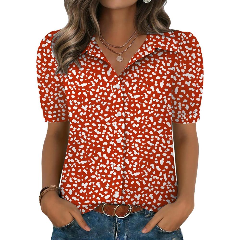 imageZeagoo Women Button Down Shirts Puff Short Sleeve Blouses Chiffon Tops Business Casual Outfits Summer ClothesRed Dotjh590