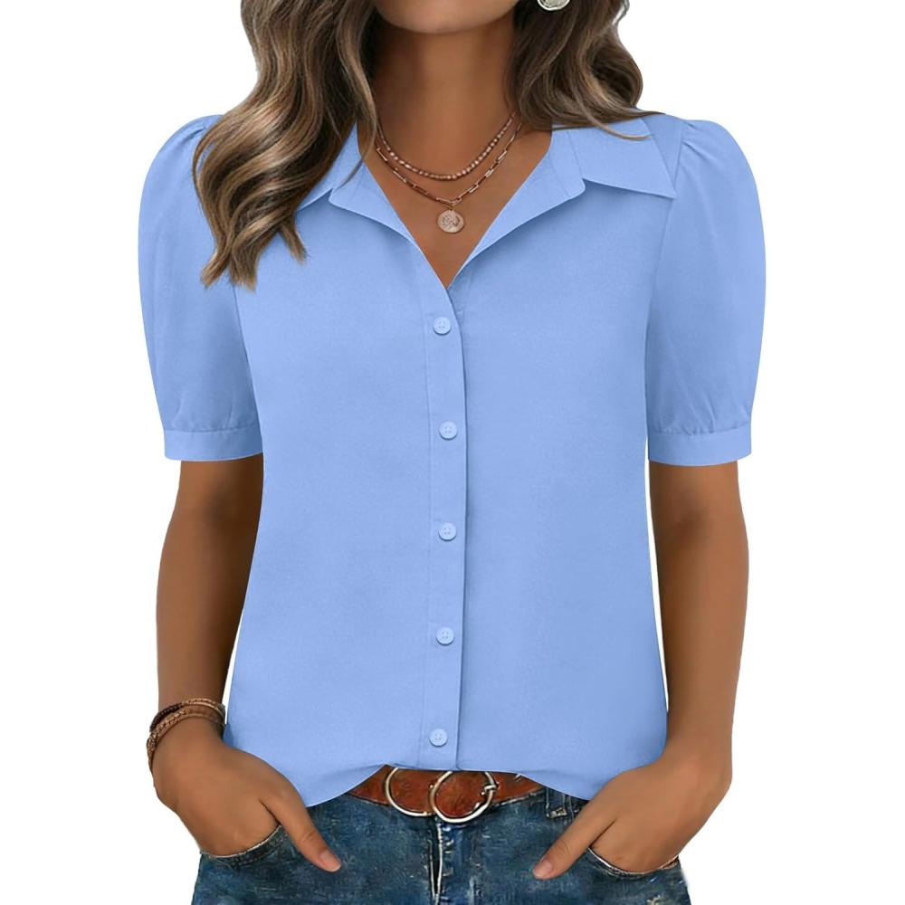 imageZeagoo Women Button Down Shirts Puff Short Sleeve Blouses Chiffon Tops Business Casual Outfits Summer ClothesSky Blueclb