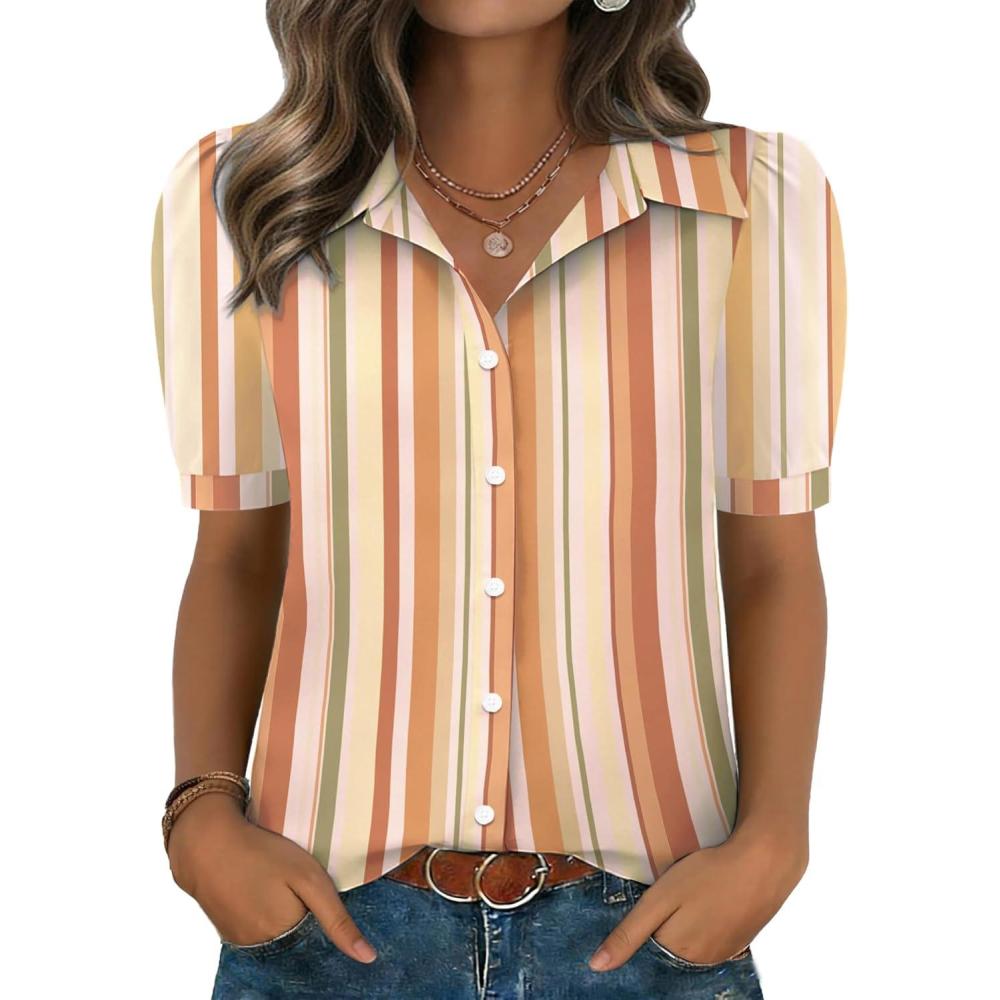 imageZeagoo Women Button Down Shirts Puff Short Sleeve Blouses Chiffon Tops Business Casual Outfits Summer ClothesStripestw720