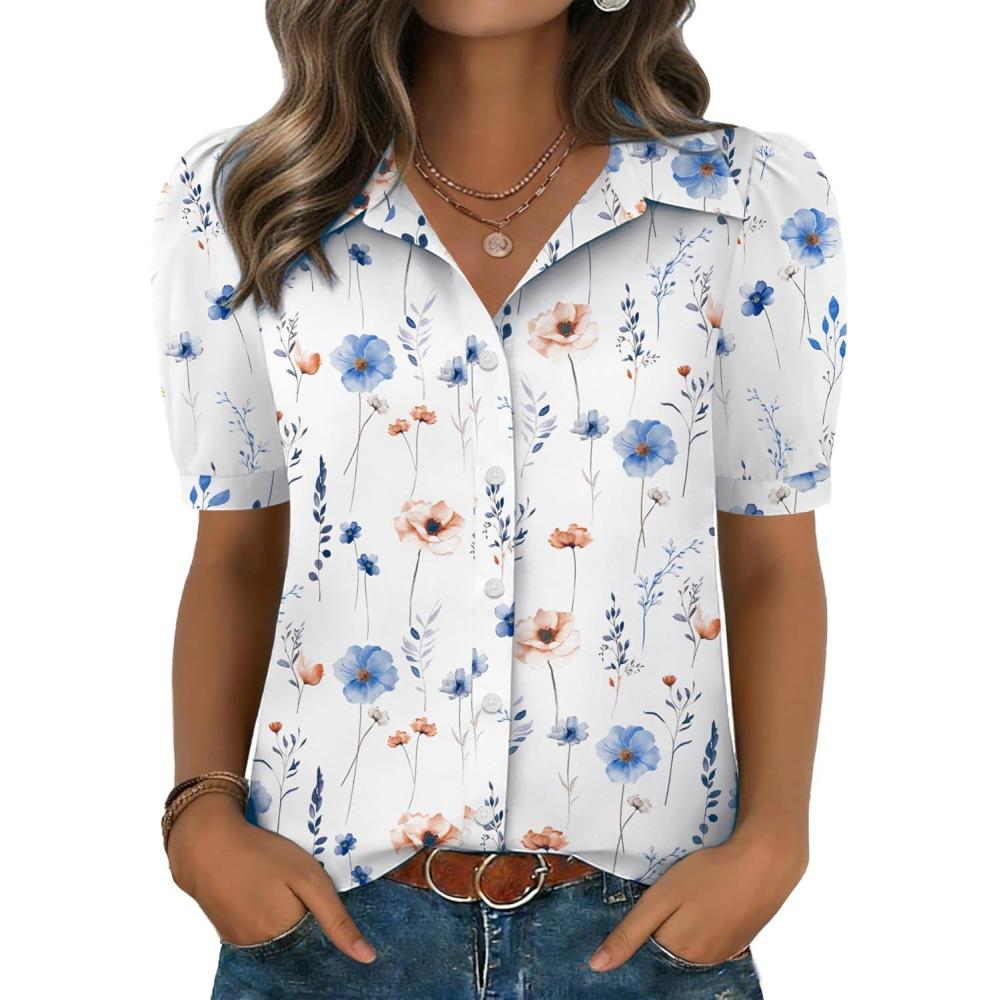 imageZeagoo Women Button Down Shirts Puff Short Sleeve Blouses Chiffon Tops Business Casual Outfits Summer ClothesWhite Flowersbf290