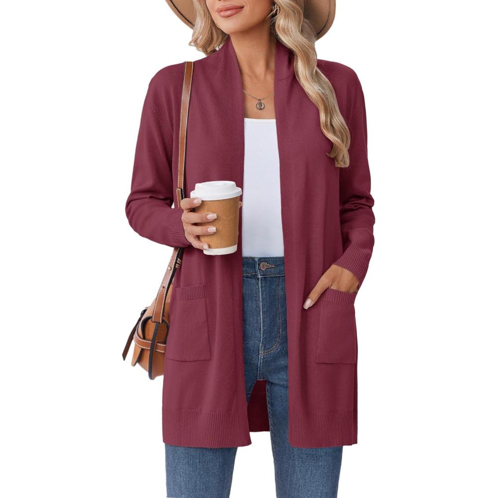 imageZeagoo Women Long Cardigan Sweaters Lightweight Open Front Duster Knit Fashion Sweater Coats Trendy Cardigans with PocketWine Red