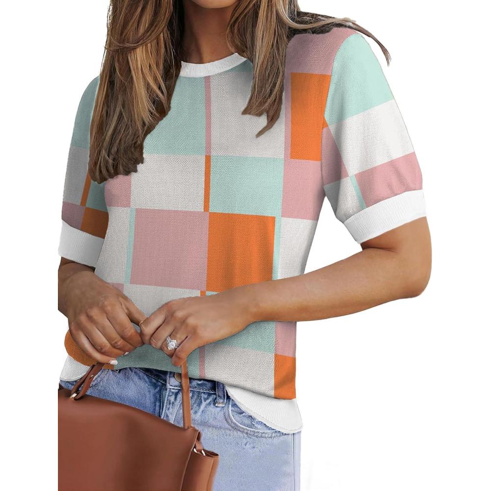 imageZeagoo Women Short Sleeve Sweater Summer Crew Neck Dressy Casual Soft Knit Pullover Tops TrendyBlue Pink Gw84