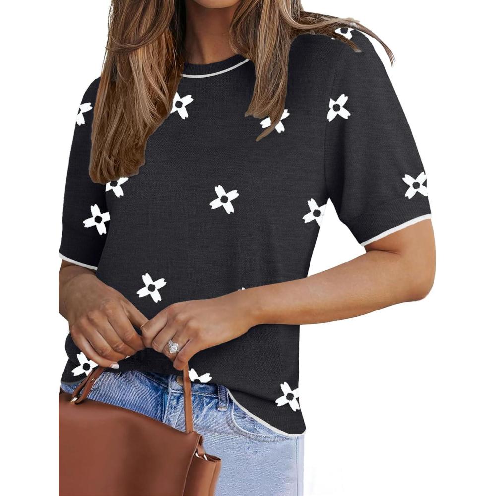 imageZeagoo Women Short Sleeve Sweater Summer Crew Neck Dressy Casual Soft Knit Pullover Tops TrendyFloral Jh454 Blackwhite