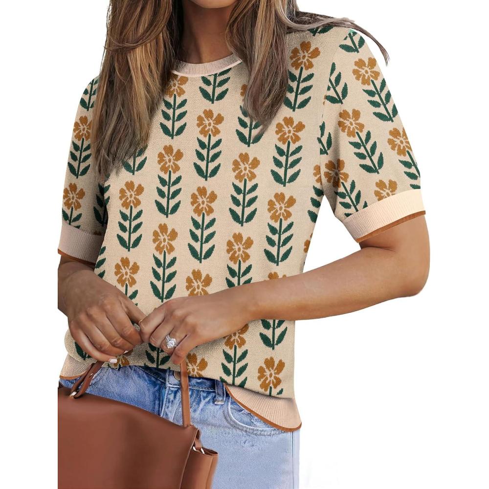 imageZeagoo Women Short Sleeve Sweater Summer Crew Neck Dressy Casual Soft Knit Pullover Tops TrendyFloral Khakiorange