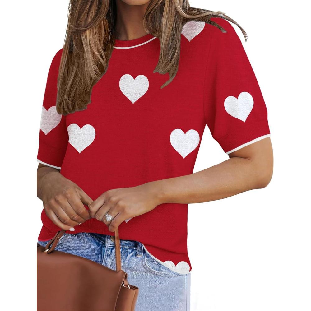 imageZeagoo Women Short Sleeve Sweater Summer Crew Neck Dressy Casual Soft Knit Pullover Tops TrendyHeart Redwhite