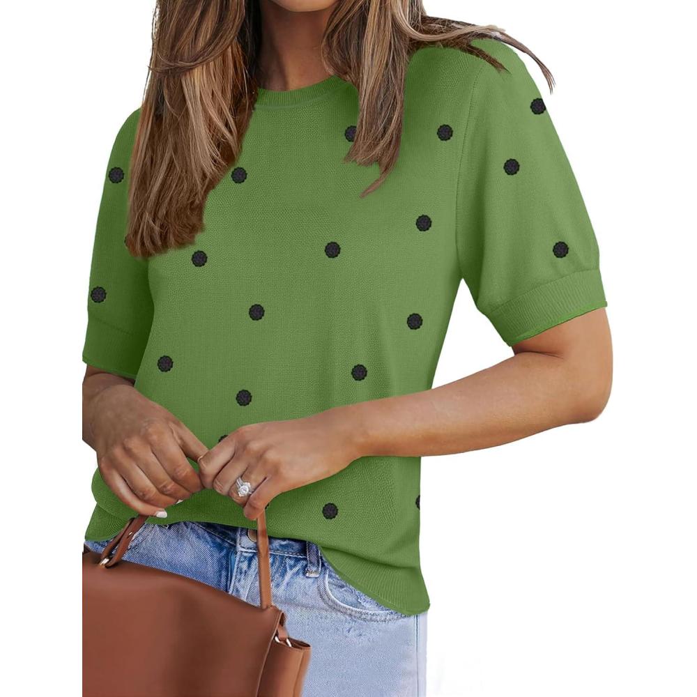 imageZeagoo Women Short Sleeve Sweater Summer Crew Neck Dressy Casual Soft Knit Pullover Tops TrendyPolka Pots Green 271