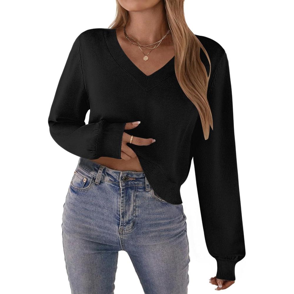 imageZeagoo Womens 2025 Fall VNeck Cropped Sweater Trendy Long Latern Sleeve Ribbed Knit Pullover Crop TopsBlack