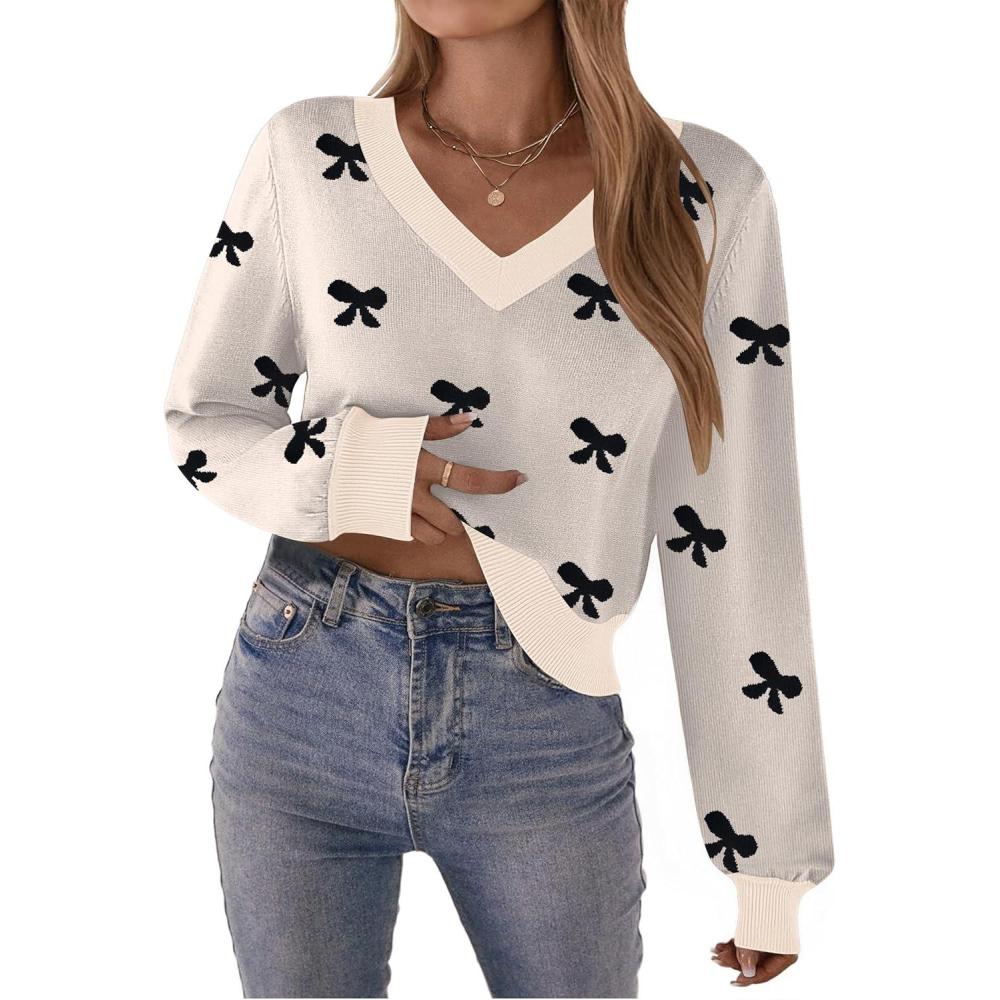 imageZeagoo Womens 2025 Fall VNeck Cropped Sweater Trendy Long Latern Sleeve Ribbed Knit Pullover Crop TopsBowknot Beige