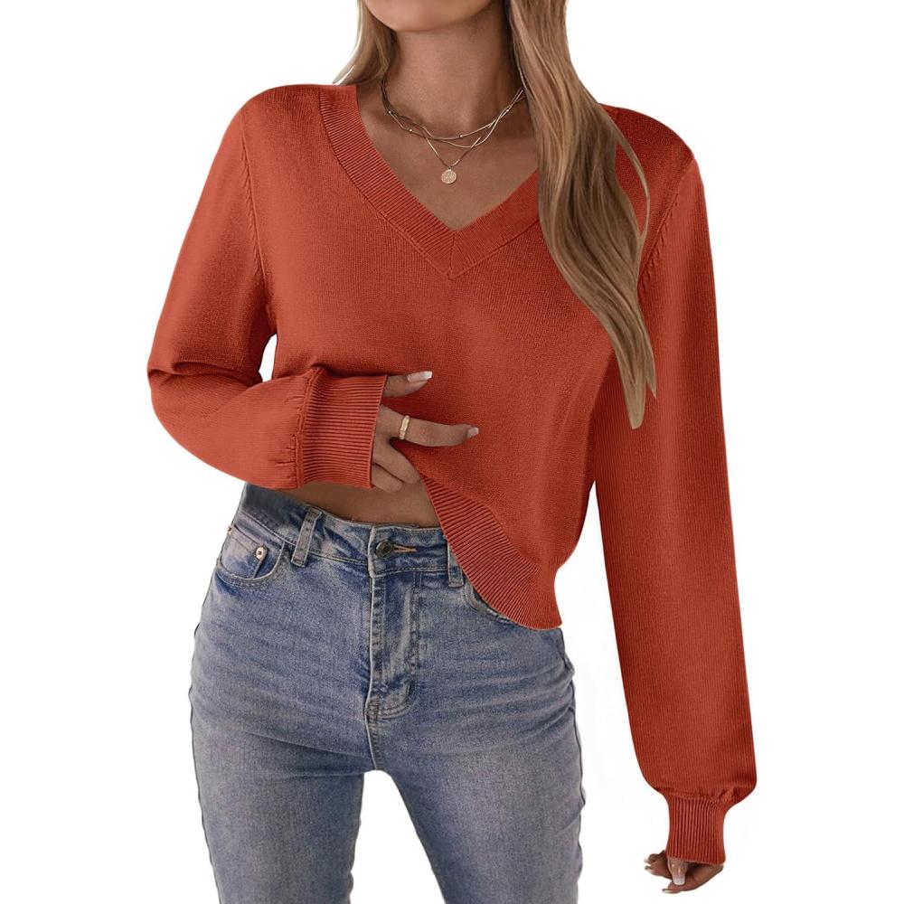 imageZeagoo Womens 2025 Fall VNeck Cropped Sweater Trendy Long Latern Sleeve Ribbed Knit Pullover Crop TopsBrick Red
