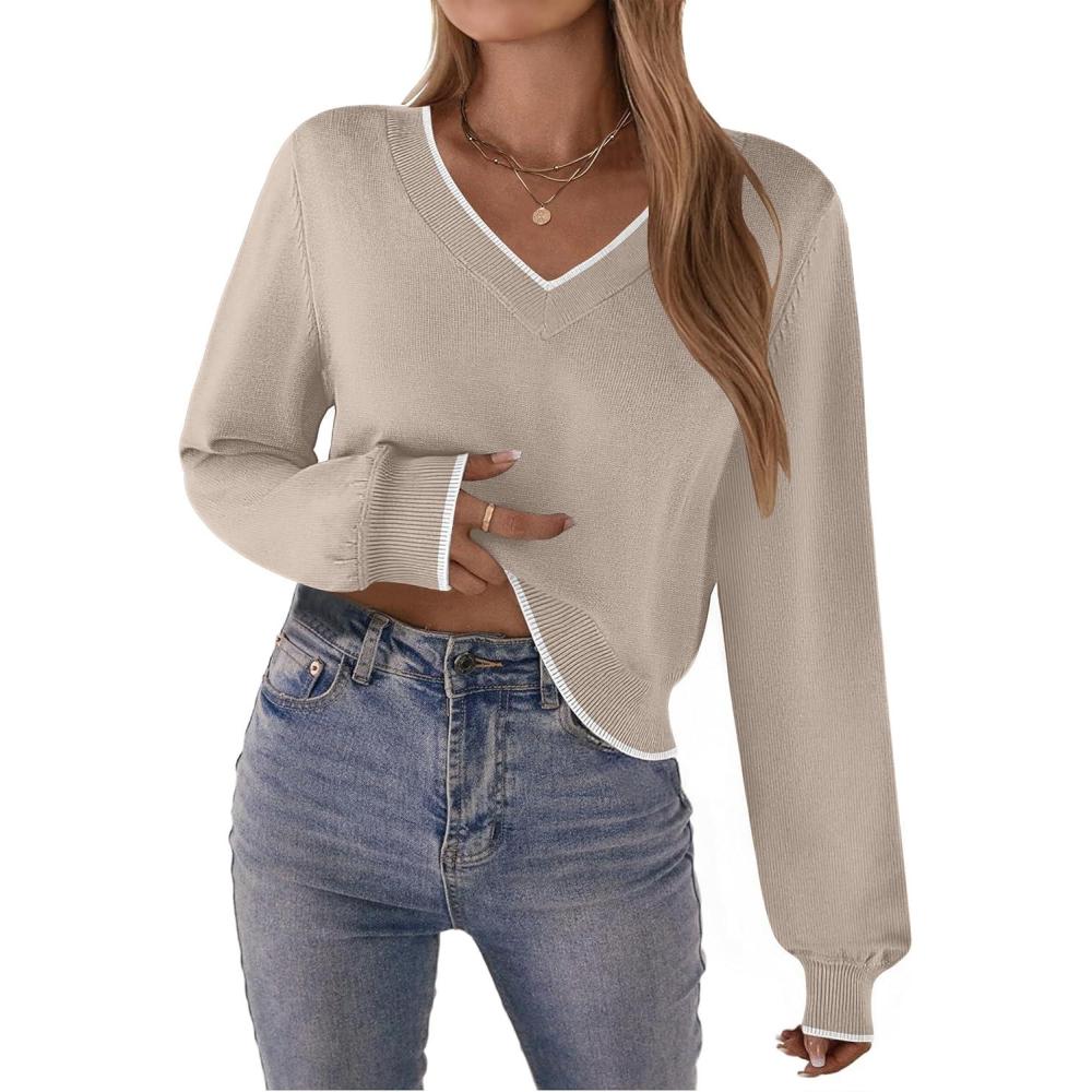 imageZeagoo Womens 2025 Fall VNeck Cropped Sweater Trendy Long Latern Sleeve Ribbed Knit Pullover Crop TopsColor Block 1