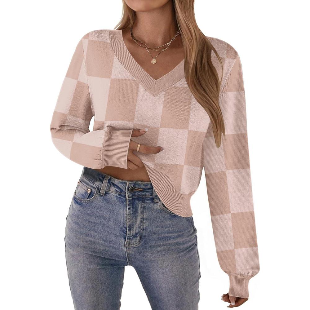 imageZeagoo Womens 2025 Fall VNeck Cropped Sweater Trendy Long Latern Sleeve Ribbed Knit Pullover Crop TopsKhakiplaid