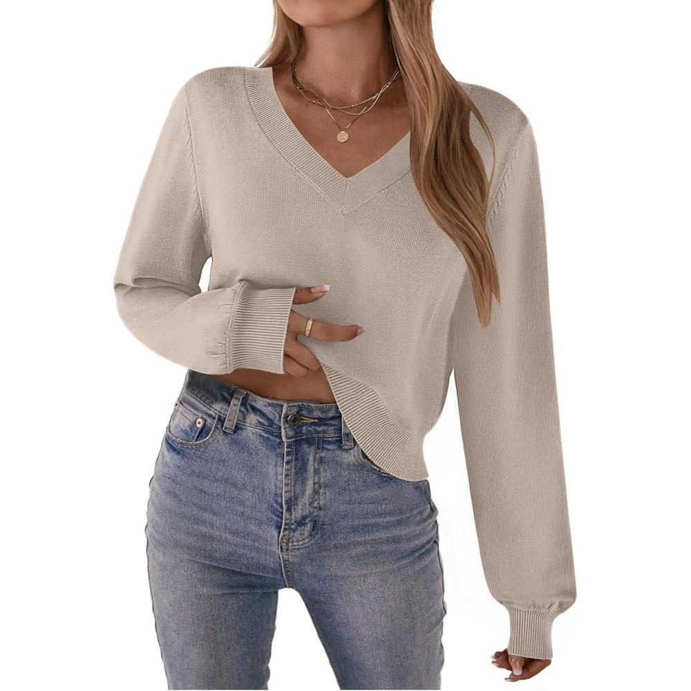 imageZeagoo Womens 2025 Fall VNeck Cropped Sweater Trendy Long Latern Sleeve Ribbed Knit Pullover Crop TopsLight Khaki
