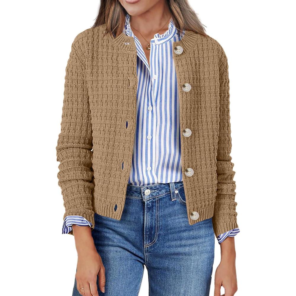 imageZeagoo Womens 2026 Cardigan Sweaters Button Down Crew Neck Open Front Long Sleeve Knit Cropped JacketsAkhaki