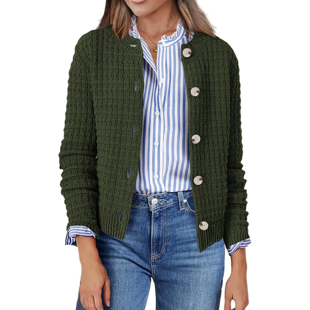 imageZeagoo Womens 2026 Cardigan Sweaters Button Down Crew Neck Open Front Long Sleeve Knit Cropped JacketsArmy Green