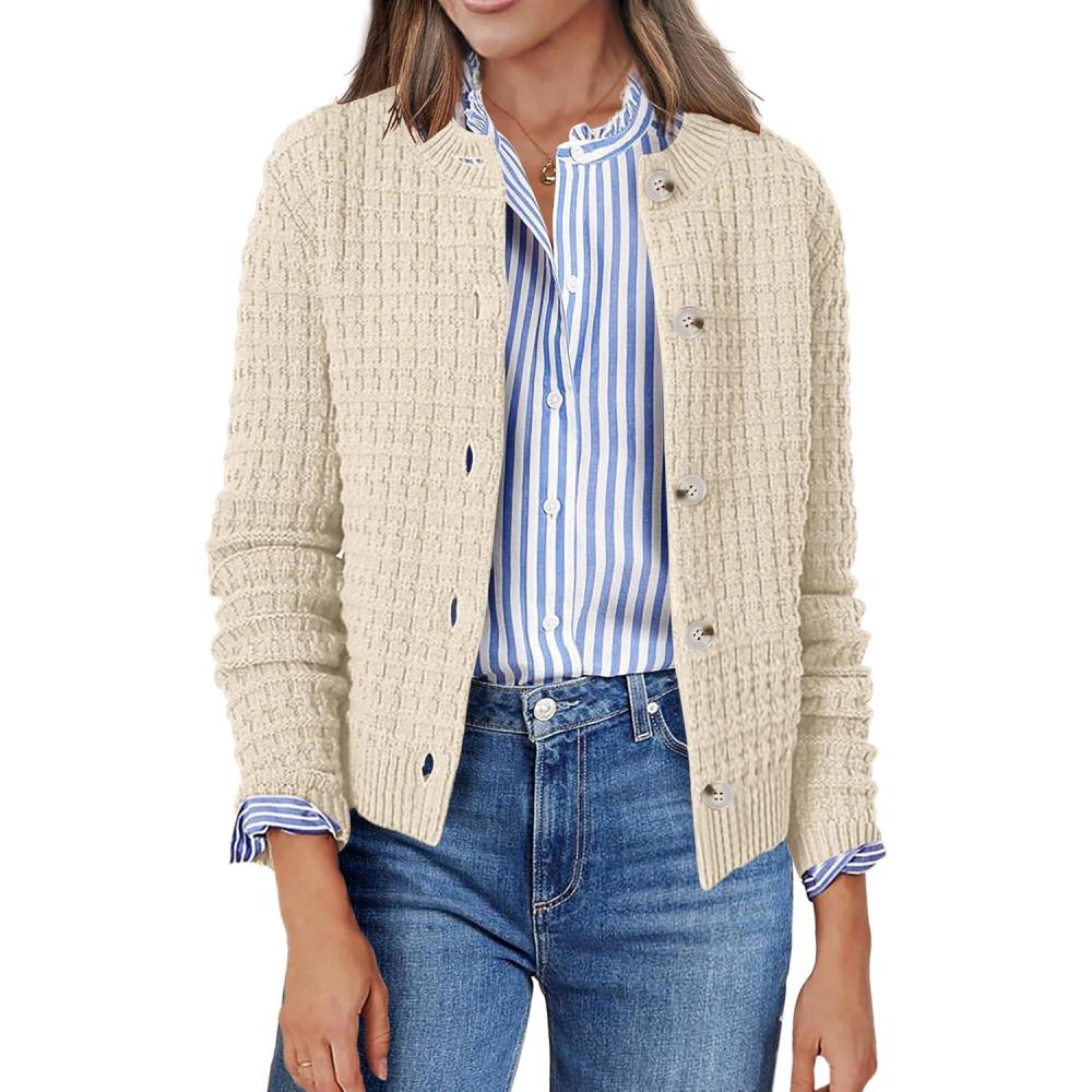 imageZeagoo Womens 2026 Cardigan Sweaters Button Down Crew Neck Open Front Long Sleeve Knit Cropped JacketsBeige