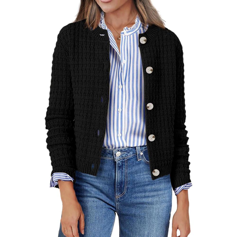 imageZeagoo Womens 2026 Cardigan Sweaters Button Down Crew Neck Open Front Long Sleeve Knit Cropped JacketsBlack