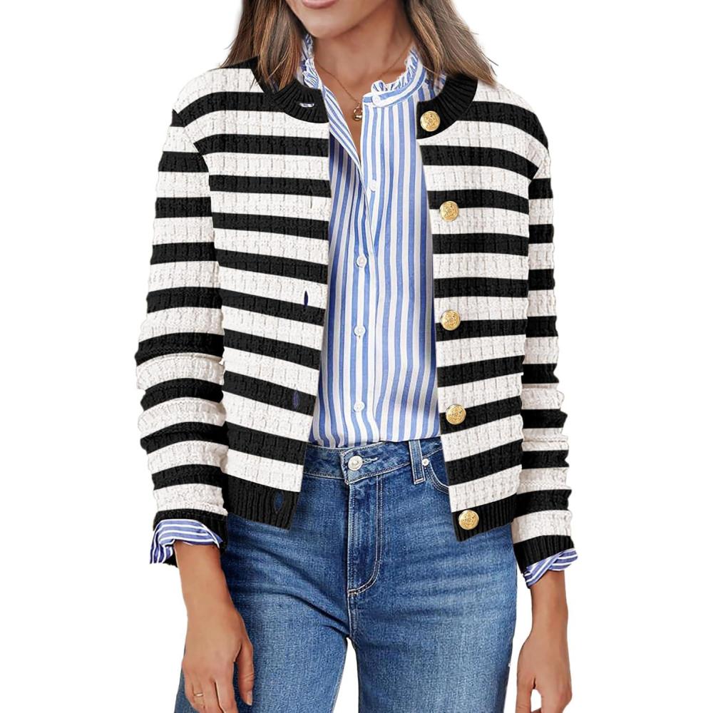 imageZeagoo Womens 2026 Cardigan Sweaters Button Down Crew Neck Open Front Long Sleeve Knit Cropped JacketsBlack White