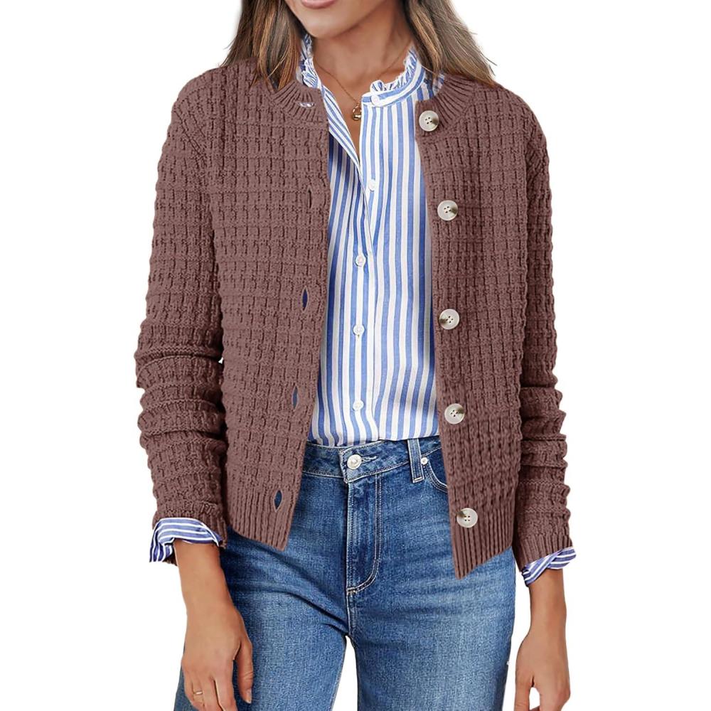 imageZeagoo Womens 2026 Cardigan Sweaters Button Down Crew Neck Open Front Long Sleeve Knit Cropped JacketsCoffee