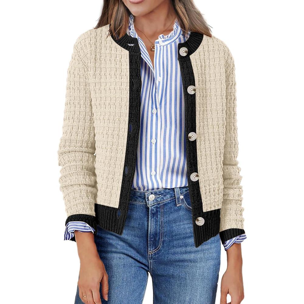 imageZeagoo Womens 2026 Cardigan Sweaters Button Down Crew Neck Open Front Long Sleeve Knit Cropped JacketsColor Block Beige