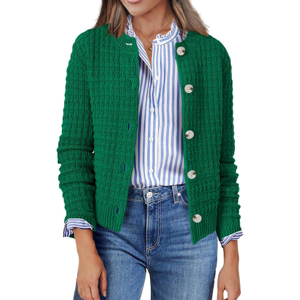 imageZeagoo Womens 2026 Cardigan Sweaters Button Down Crew Neck Open Front Long Sleeve Knit Cropped JacketsGreen