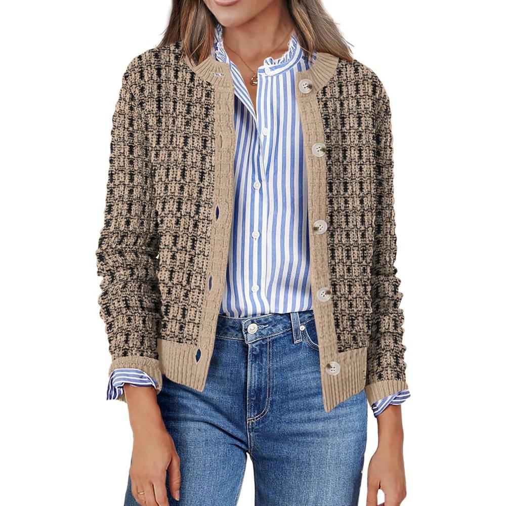 imageZeagoo Womens 2026 Cardigan Sweaters Button Down Crew Neck Open Front Long Sleeve Knit Cropped JacketsMix Beige