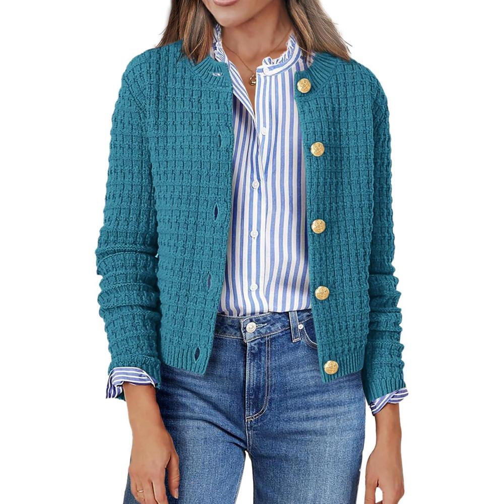 imageZeagoo Womens 2026 Cardigan Sweaters Button Down Crew Neck Open Front Long Sleeve Knit Cropped JacketsPeacock Blue