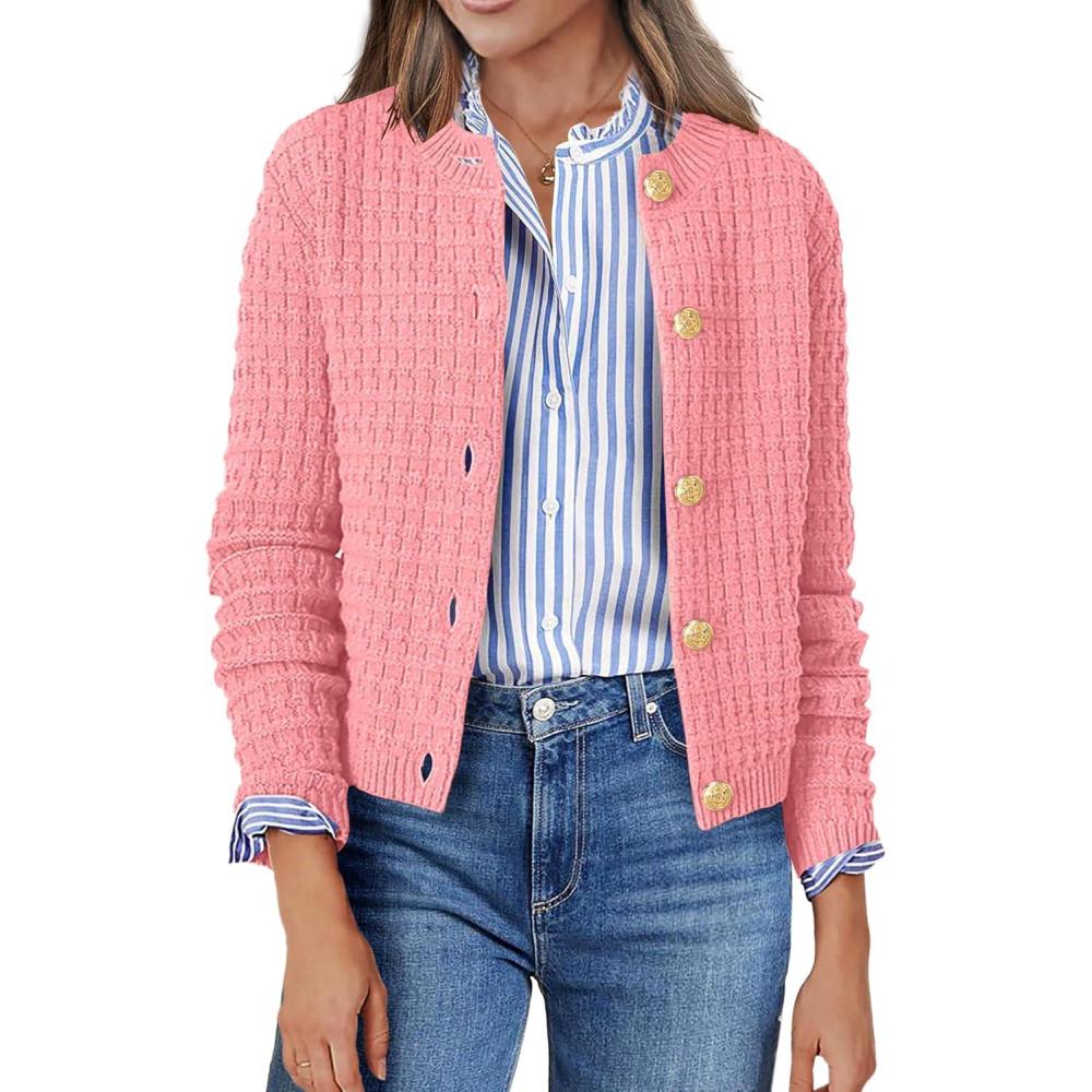 imageZeagoo Womens 2026 Cardigan Sweaters Button Down Crew Neck Open Front Long Sleeve Knit Cropped JacketsPink
