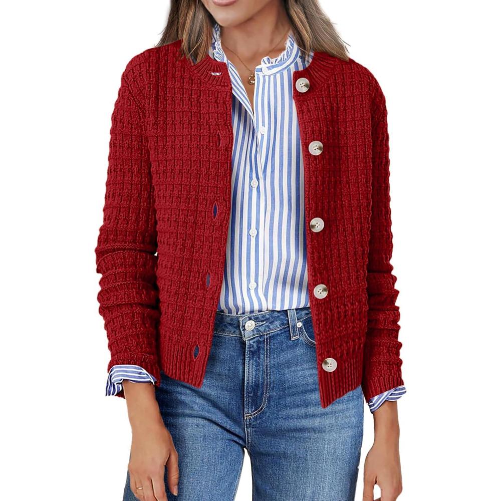 imageZeagoo Womens 2026 Cardigan Sweaters Button Down Crew Neck Open Front Long Sleeve Knit Cropped JacketsRed