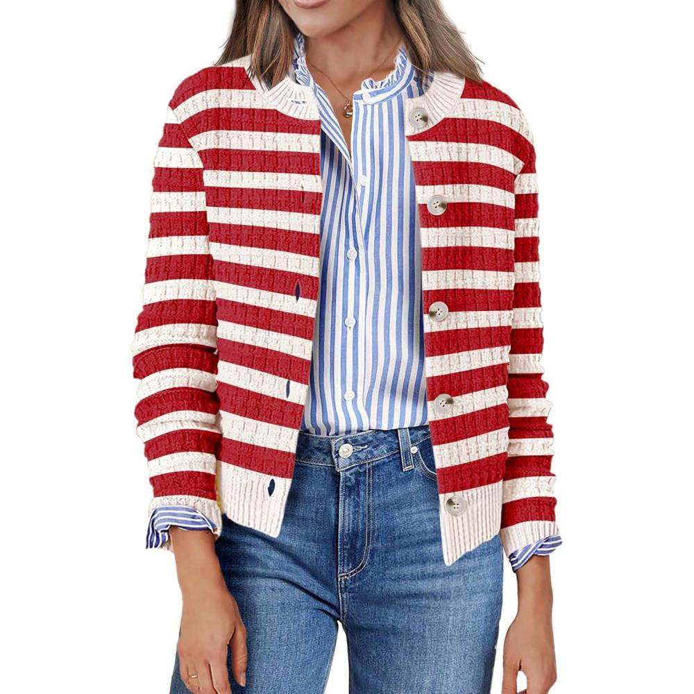 imageZeagoo Womens 2026 Cardigan Sweaters Button Down Crew Neck Open Front Long Sleeve Knit Cropped JacketsRed White
