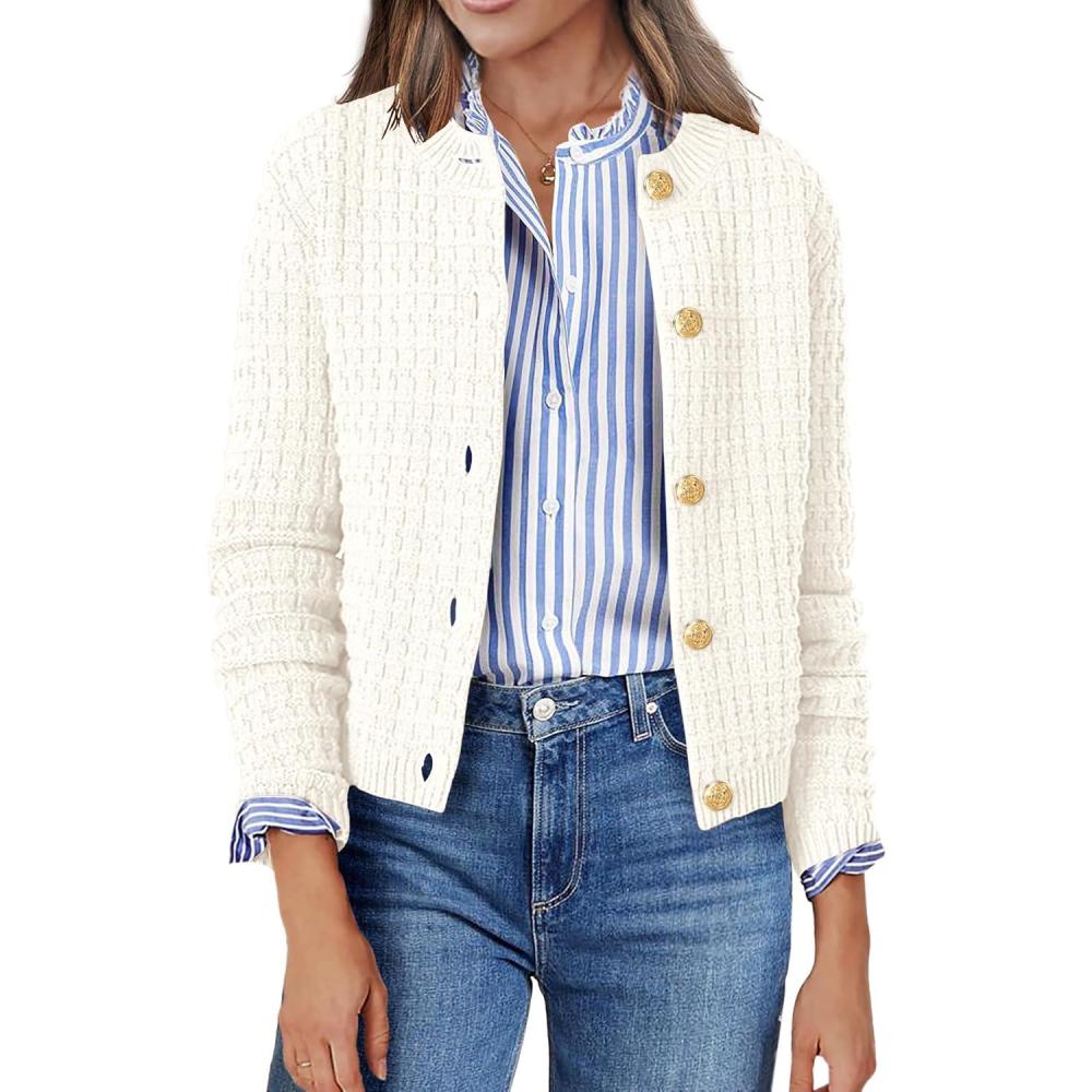 imageZeagoo Womens 2026 Cardigan Sweaters Button Down Crew Neck Open Front Long Sleeve Knit Cropped JacketsWhite