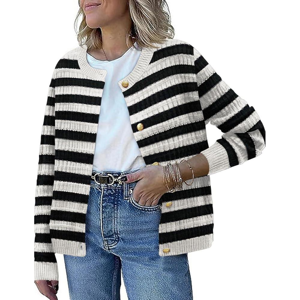 imageZeagoo Womens 2026 Cardigan Sweaters Button Down Crew Neck Open Front Long Sleeve Knit Cropped JacketsWhite Black