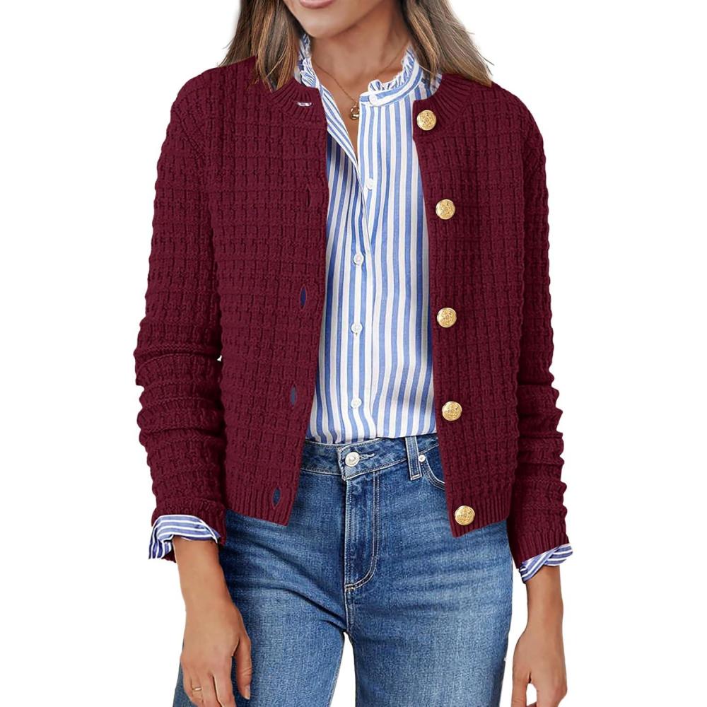 imageZeagoo Womens 2026 Cardigan Sweaters Button Down Crew Neck Open Front Long Sleeve Knit Cropped JacketsWine Red