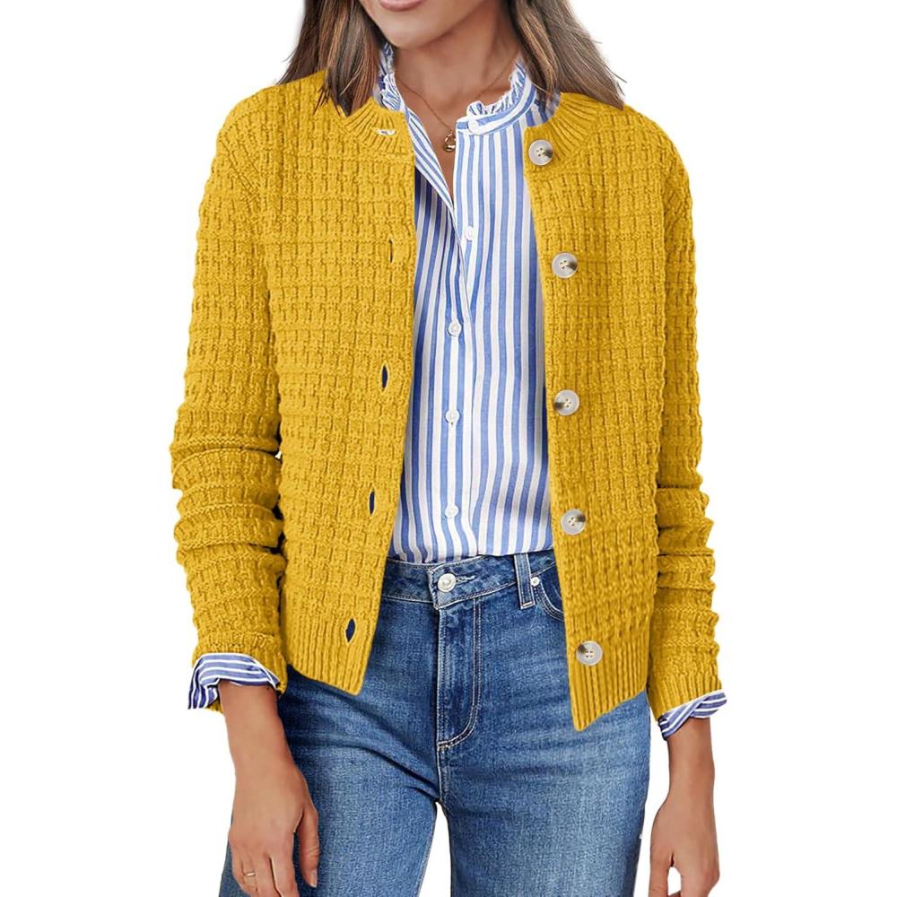 imageZeagoo Womens 2026 Cardigan Sweaters Button Down Crew Neck Open Front Long Sleeve Knit Cropped JacketsYellow