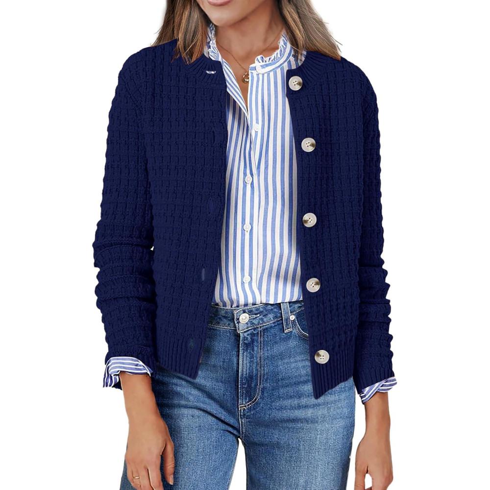 imageZeagoo Womens 2026 Cardigan Sweaters Button Down Crew Neck Open Front Long Sleeve Knit Cropped JacketsZdark Blue