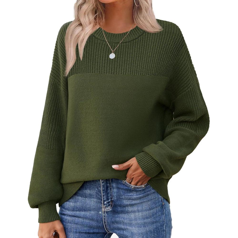 imageZeagoo Womens 2026 Fall Chunky Knit Sweater Oversized Crewneck Long Sleeve Winter Cotton Pullover Sweaters Jumper TopsArmy Green