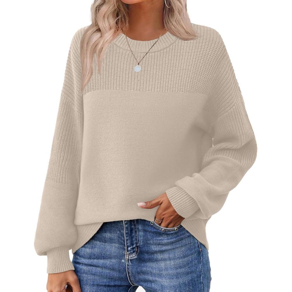 imageZeagoo Womens 2026 Fall Chunky Knit Sweater Oversized Crewneck Long Sleeve Winter Cotton Pullover Sweaters Jumper TopsBeige