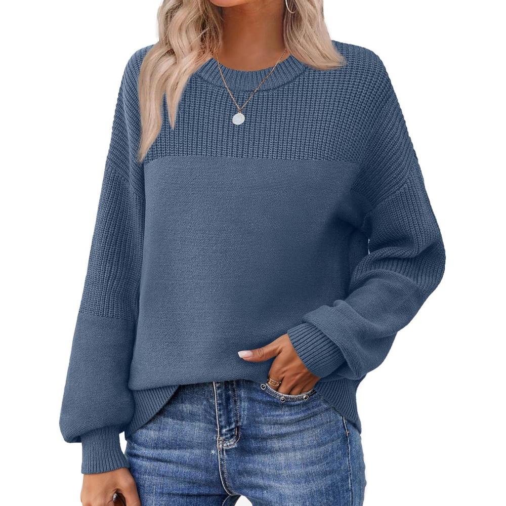 imageZeagoo Womens 2026 Fall Chunky Knit Sweater Oversized Crewneck Long Sleeve Winter Cotton Pullover Sweaters Jumper TopsBlue