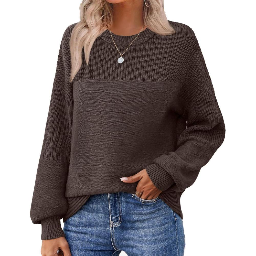 imageZeagoo Womens 2026 Fall Chunky Knit Sweater Oversized Crewneck Long Sleeve Winter Cotton Pullover Sweaters Jumper TopsBrown