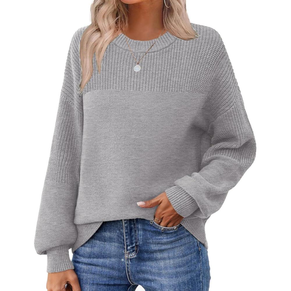 imageZeagoo Womens 2026 Fall Chunky Knit Sweater Oversized Crewneck Long Sleeve Winter Cotton Pullover Sweaters Jumper TopsGrey