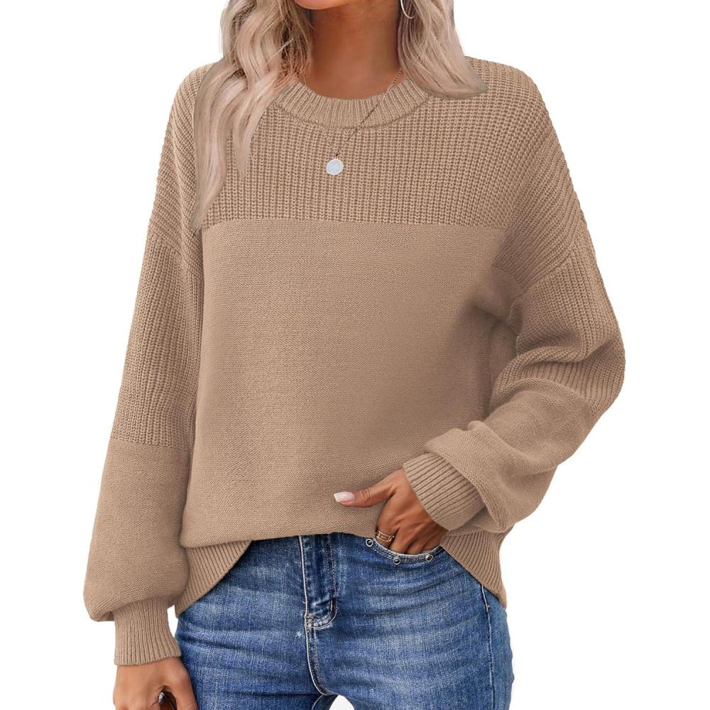 imageZeagoo Womens 2026 Fall Chunky Knit Sweater Oversized Crewneck Long Sleeve Winter Cotton Pullover Sweaters Jumper TopsKhaki