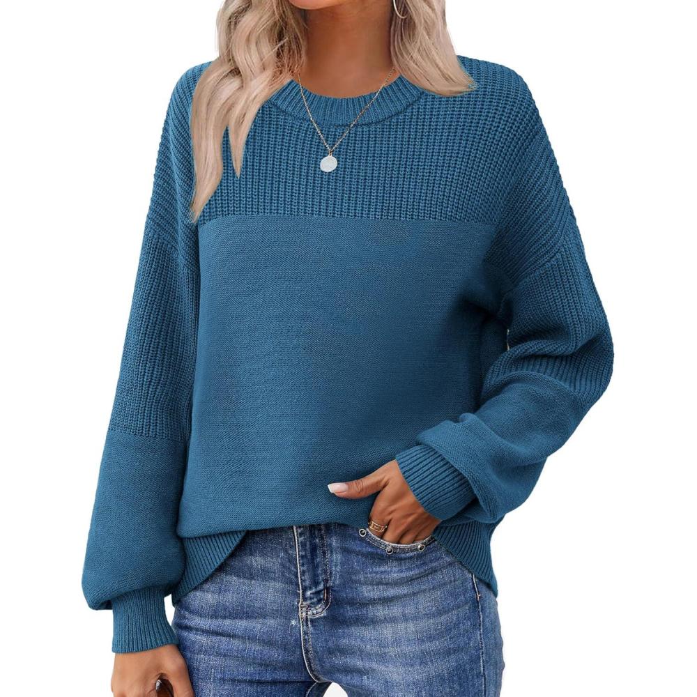 imageZeagoo Womens 2026 Fall Chunky Knit Sweater Oversized Crewneck Long Sleeve Winter Cotton Pullover Sweaters Jumper TopsLake Blue