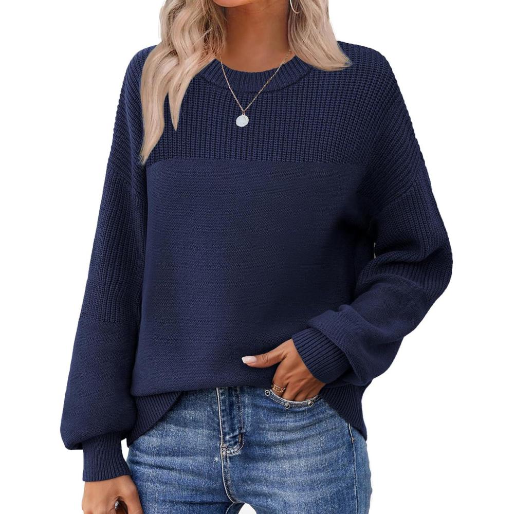 imageZeagoo Womens 2026 Fall Chunky Knit Sweater Oversized Crewneck Long Sleeve Winter Cotton Pullover Sweaters Jumper TopsNavy Blue
