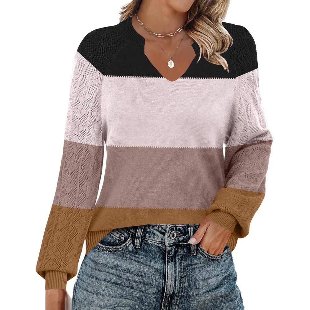 imageZeagoo Womens 2026 Fall Sweaters Casual Long Sleeve V Neck Loose Lightweight Crochet Knit Pullover Sweater TopsColorblock Tw638