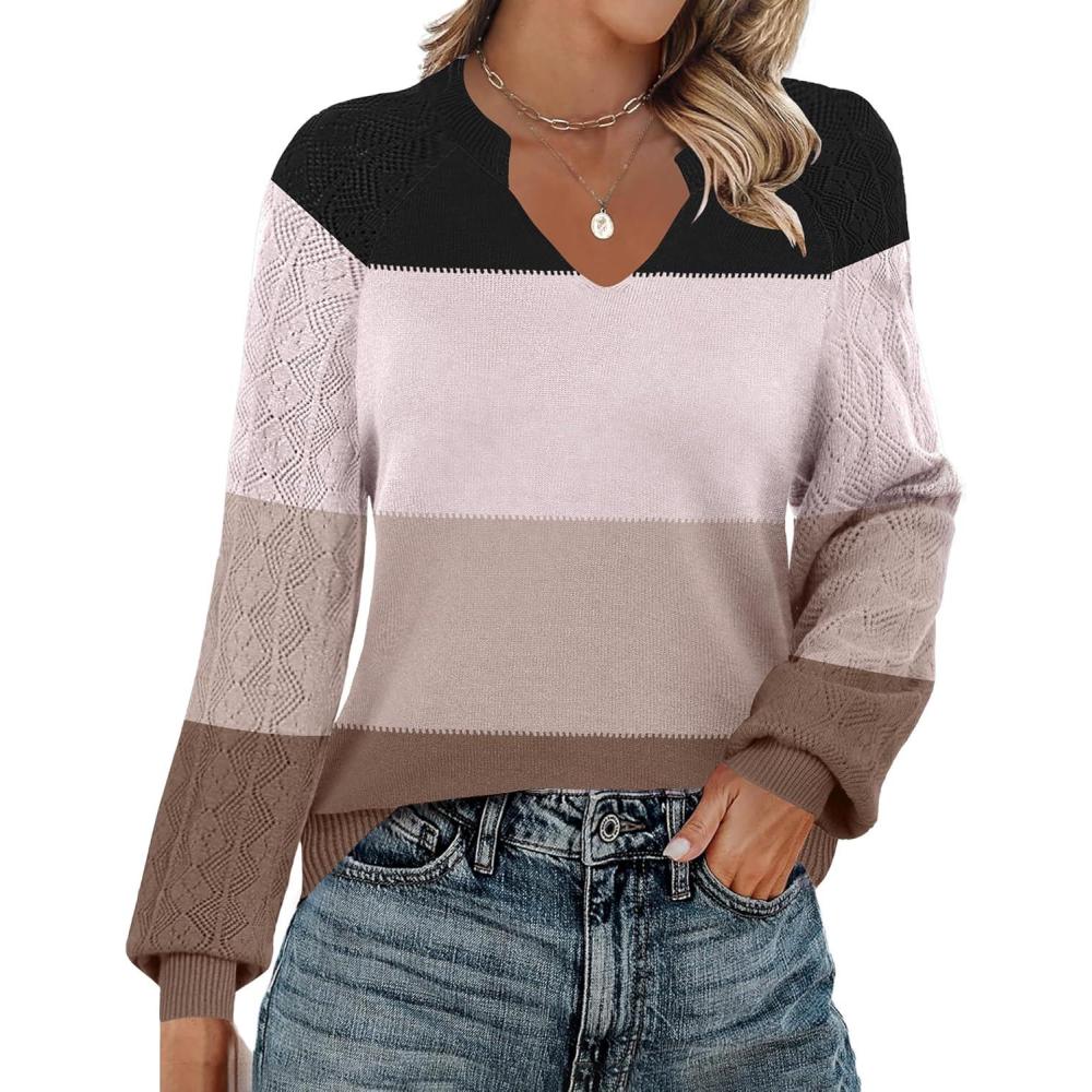 imageZeagoo Womens 2026 Fall Sweaters Casual Long Sleeve V Neck Loose Lightweight Crochet Knit Pullover Sweater TopsColorblock Tz191