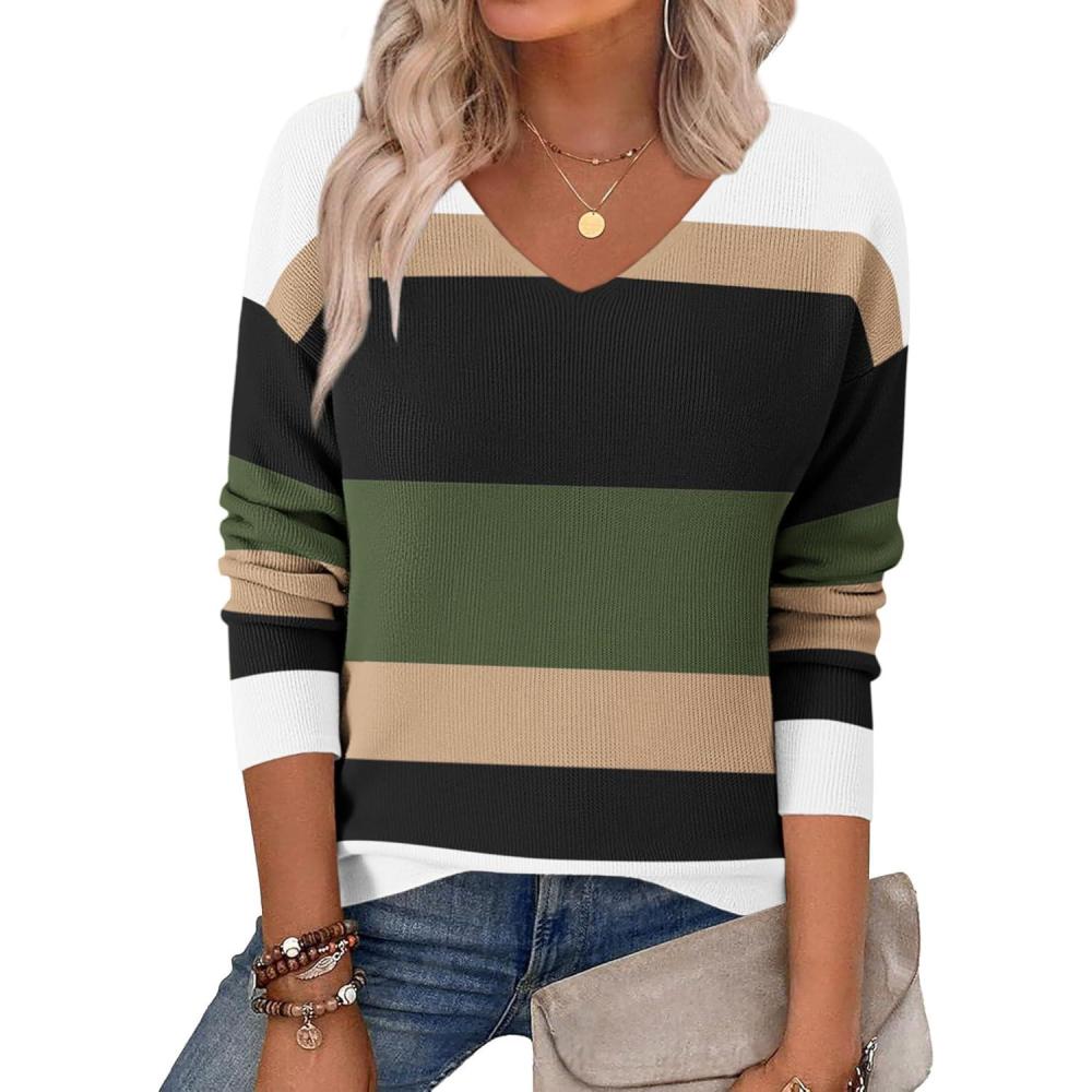 imageZeagoo Womens 2026 Fall Sweaters Long Sleeve V Neck Knit Pullovers Business Casual Sweater TopsArmy Stripe
